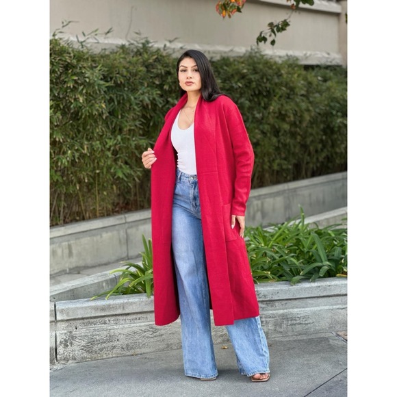 Longline Open Front Cardigan Red Duster Knit Sweater Women - Picture 2 of 7